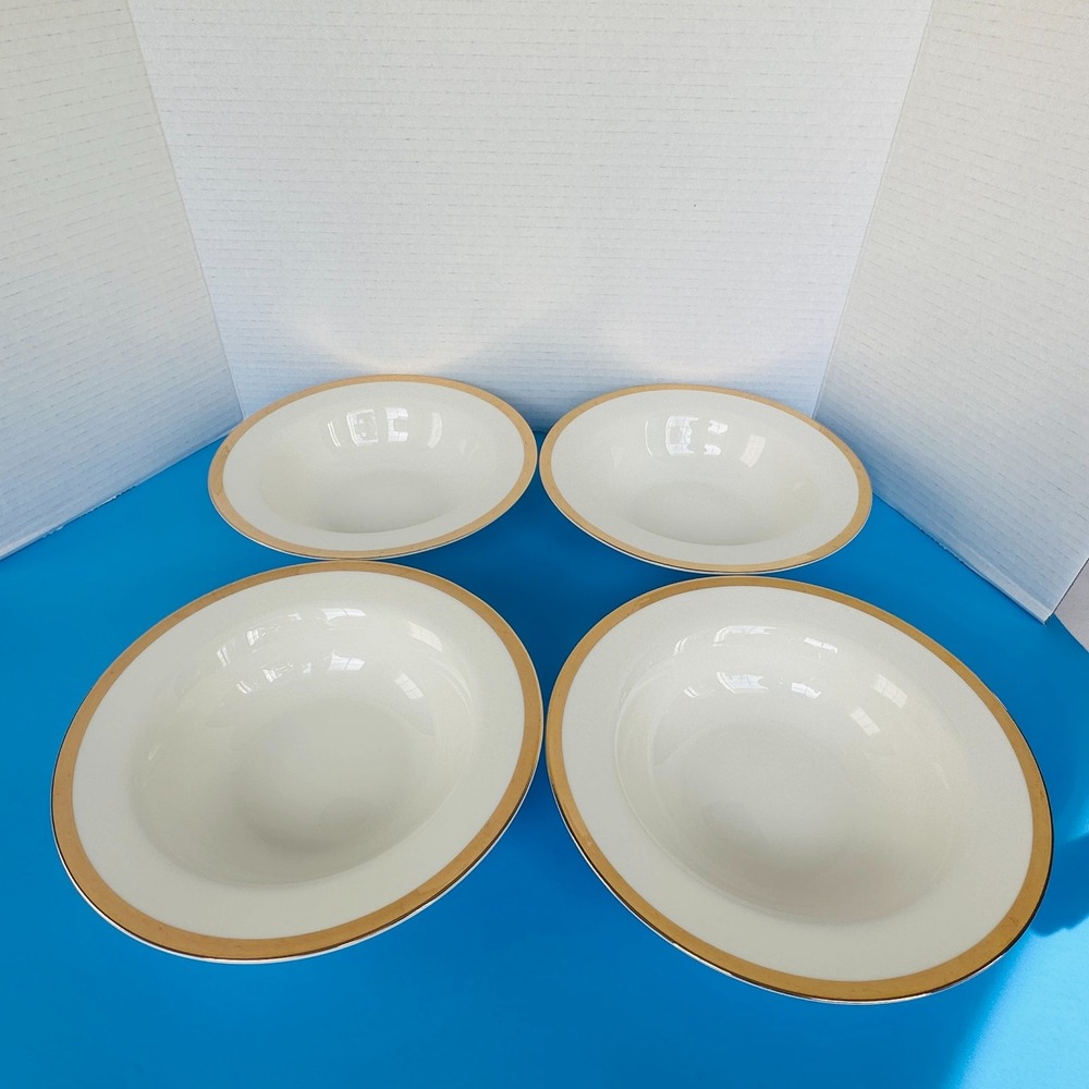 Pier 1 Imports GOLD BAND Set of 4 Rimmed Soup Bowls 8-5/8" NEW Old Stock 16 oz